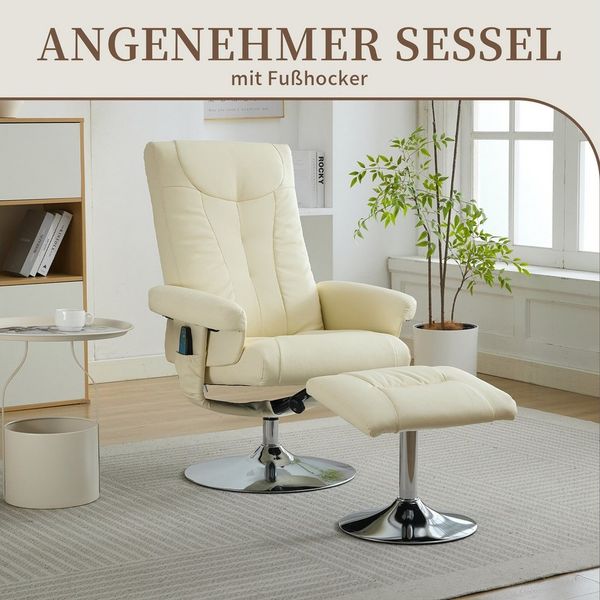 SeedWave Loungesessel mit Hocker, 360° Drehbarer PU Relaxsessel mit Massage, Sitzheizung (bestehend aus Sessel und Hocker), Die Neigung der Rücklehne bis zu 140°, Seitentasche, Kopfstütze