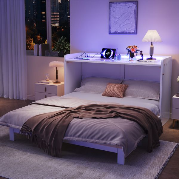 Merax Schrankbett, Doppelbett 140 x 200cm, Unter dem Bett befinden sich Schubladen, Mit USB und Steckdose, LED-Lichtleiste, Mit Hochglanzplatte, weiß
