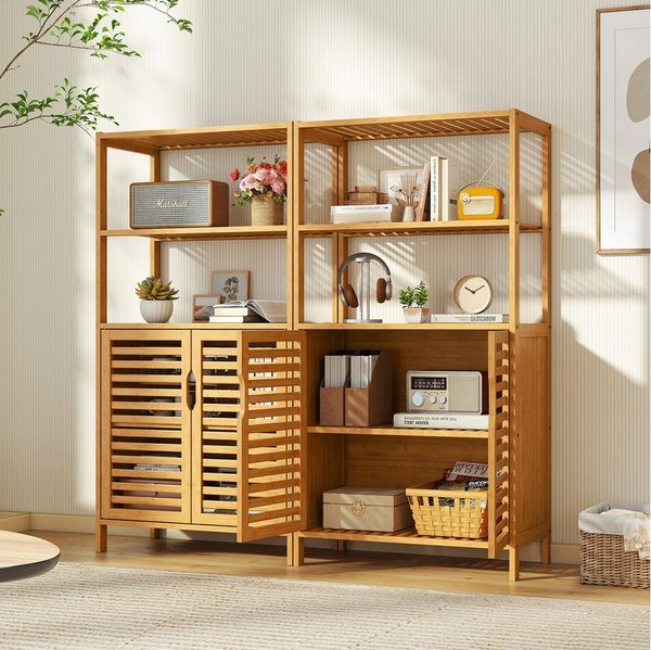 COSTWAY Bücherregal, Bambus mit Lamellentüren, Vorratsschrank 60x33x116cm