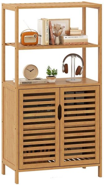 COSTWAY Bücherregal, Bambus mit Lamellentüren, Vorratsschrank 60x33x116cm