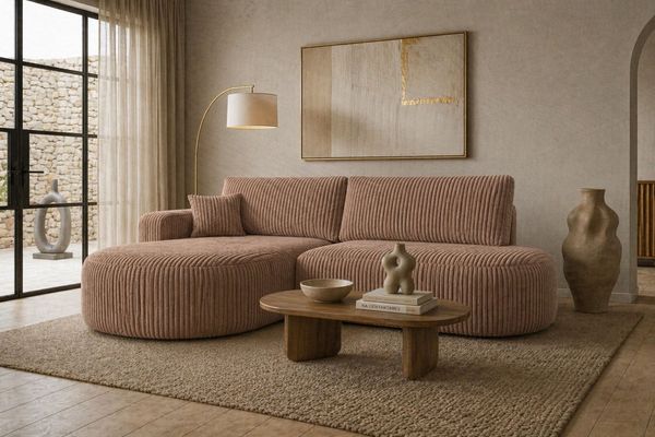 Kaiser Möbel Ecksofa mit Schlaffunktion und Bettkasten, Cordstoff Tilia, ROUND ONE OPEN XL, Abgerundete Form, Cordstoff mit hoher Abriebfestigkeit
