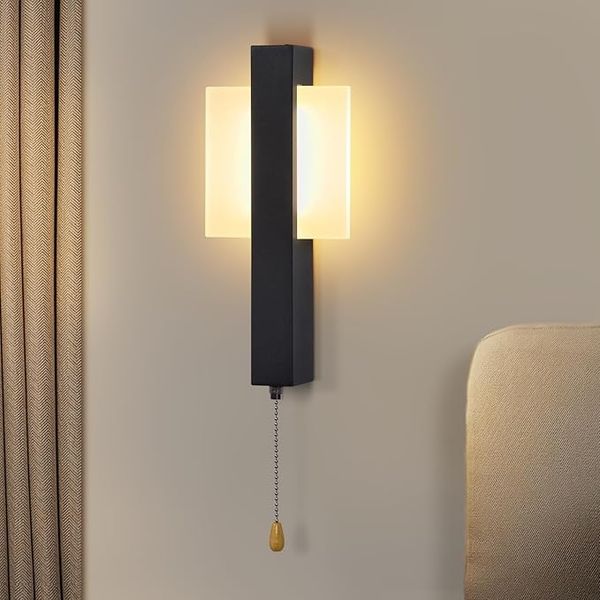 ZMH LED Wandleuchte Innen Mit Schalter Schwarz Modern Zugschalter 3000K Warmweiß Quadratisch Eisen Acryl 6W Schlafzimmerlampe Für Flur