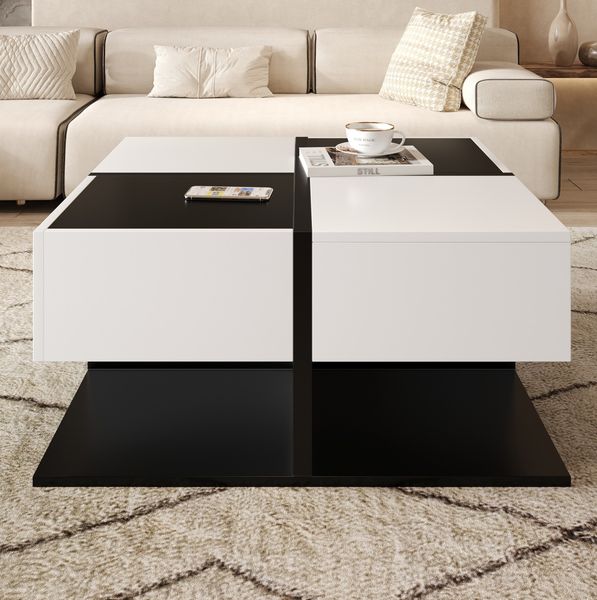 Couchtisch 70 x 70 x 35,5 cm mit 2 Schubladen – quadratischer Wohnzimmertisch in Schwarz und Weiß