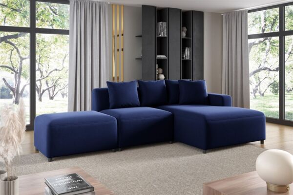 Ecksofa Designersofa MEGAN XS inkl. Hocker Stoff Salvador Dunkelblau Ottomane Rechts
