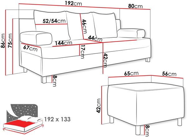 Mirjan24 'Dover' Schlafsofa, Anthrazit, 86 x 192 x 80 cm, mit Polsterhocker Bild 6
