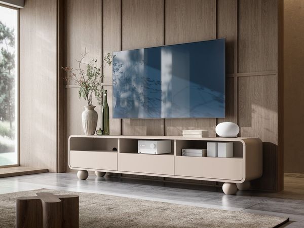 MOEBLO TV-Board BERLIN RTV 180 (in Kaschmir, modernes Lowboard mit 3 Schubladen, 3 offenen Fächern, Tip-on, Vollauszug und Kugelfüßen, 180 cm, TV Bank TV Tisch Fernseher Tisch TV Möbel), (BxHxT): 180 x 44 x 39 cm