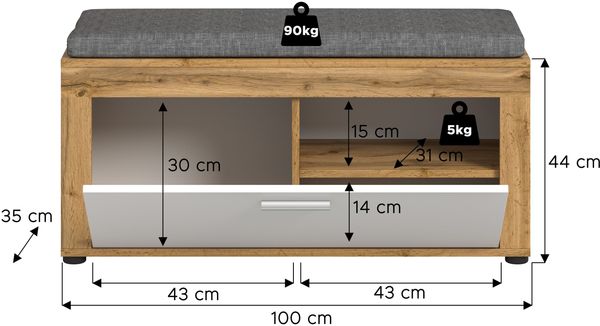 xonox. home Garderobe Jam X8BK6632 Sitzbank inkl. Sitzkissen Bank in Wotan Eiche Nb, weiß, ca. 100 x 44 x 35 cm Bild 4