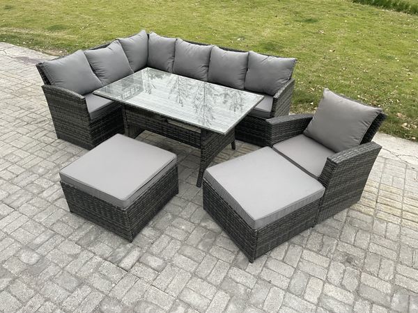 Fimous 9 Sitzer Outdoor Rattan Gartenmöbel-Set mit Rechteckiger Esstisch 2 Großer Hockern Sessel Dunkelgrau gemischt