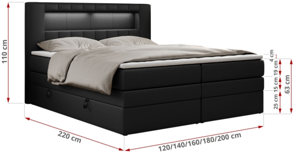Boxspringbett mit LED Kopfteil und Topper - GOLD-5-KING - 120x200cm - Schwarz Kunstleder - H4 Bild 5