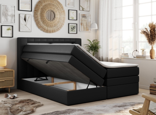 Boxspringbett mit LED Kopfteil und Topper - GOLD-5-KING - 120x200cm - Schwarz Kunstleder - H4 Bild 2