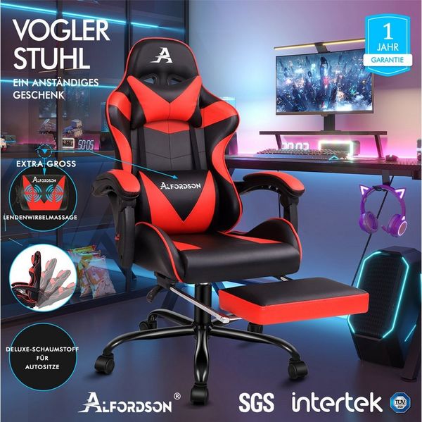 ALFORDSON Gaming-Stuhl Ergonomischer Racing Gaming-Bürostuhl, neigbar und höhenverstellbar, mit gepolsterter Fußstütze, 180 kg Tragkraft