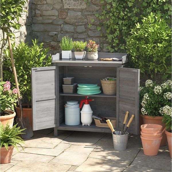 Outsunny Geräteschrank mit verzinkter Arbeitsplatte, 2 Regalböden (Outdoor Gartenschrank, 1-St, Pflanztisch mit Unterschrank) für Garten Balkon Terrasse 83 x 40 x 92cm Grau
