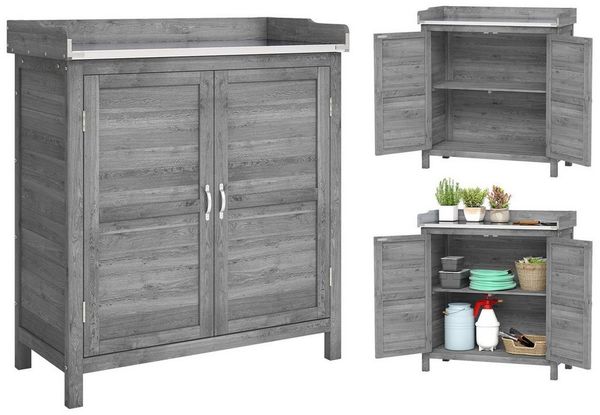 Outsunny Geräteschrank mit verzinkter Arbeitsplatte, 2 Regalböden (Outdoor Gartenschrank, 1-St, Pflanztisch mit Unterschrank) für Garten Balkon Terrasse 83 x 40 x 92cm Grau