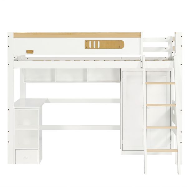 Etagenbett, Kinderbett, mit Fallschutzgitter, mit Tisch und Kleiderschrank, Offenes Regal, Reichlich Stauraum, Mit vierstufiger Leiter, Kiefer+MDF+Sperrholz, Weiß+Natur, 90x200cm Bild 9