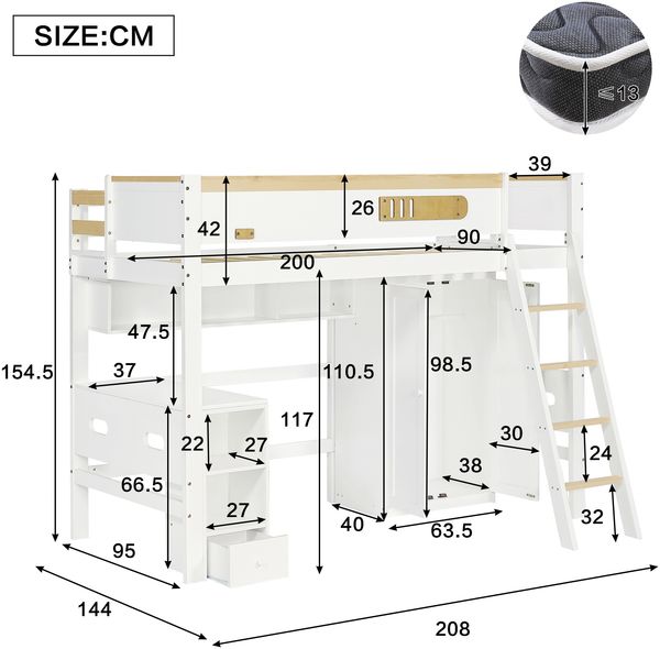 Etagenbett, Kinderbett, mit Fallschutzgitter, mit Tisch und Kleiderschrank, Offenes Regal, Reichlich Stauraum, Mit vierstufiger Leiter, Kiefer+MDF+Sperrholz, Weiß+Natur, 90x200cm Bild 5