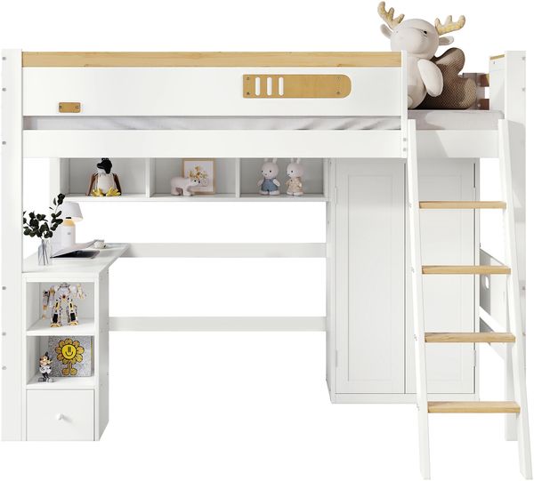 Etagenbett, Kinderbett, mit Fallschutzgitter, mit Tisch und Kleiderschrank, Offenes Regal, Reichlich Stauraum, Mit vierstufiger Leiter, Kiefer+MDF+Sperrholz, Weiß+Natur, 90x200cm Bild 7