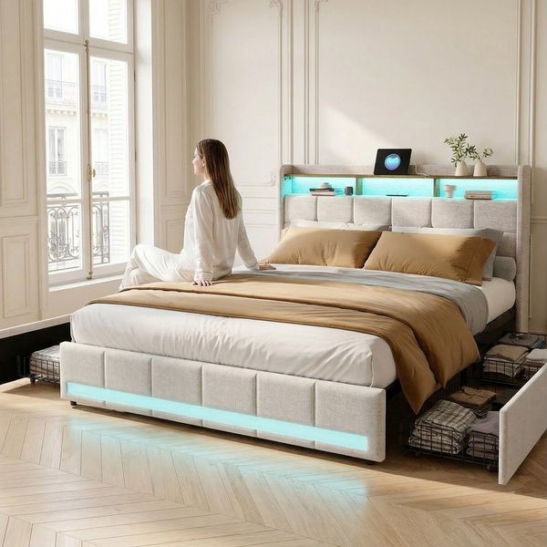 Furnishings Home Polsterbett LED Doppelbett 140x200 cm, Stauraumbett mit Kopfteil und 4 Schubladen (Leinenmaterial Polsterbett mit RGB Beleuchtung), mit Lattenrost und Ladefunktion, mit Komforthöhe, Leises Design Bett
