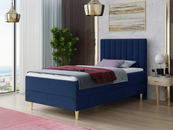 Boxspringbett Gold Mini mit Bettkasten, Bonell-Matratze und Topper - Einzelbett mit Matratzentopper, Polsterbett, Bett, Schlafzimmer, Jugendzimmer, Velours Stoff (Blau (Manila 26), 90 x 200 cm)