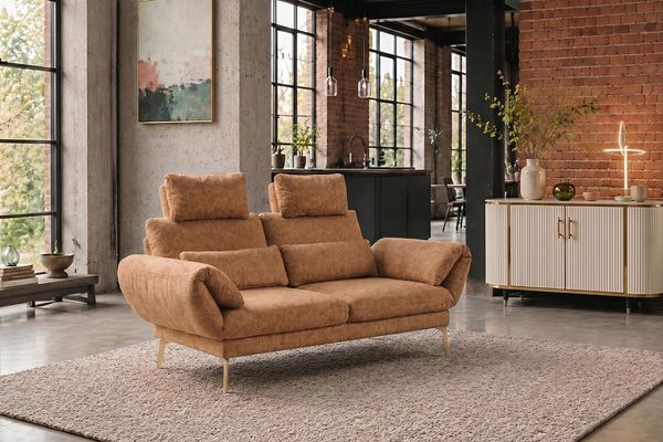 KAWOLA Funktionssofa HOLLY 2-Sitzer 2 Kopfstützen Stoff cognac 90 x 92 x 176 cm
