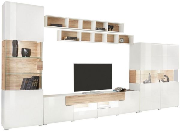 INOSIGN Wohnwand Toledo,Breite 391cm stilvolle Mediawand ohne Beleuchtung, (Set, 5-St), Anbauwand(Vitrine,Lowboard,Highboard,2xHängeregal)MDF Hochglanzfronten