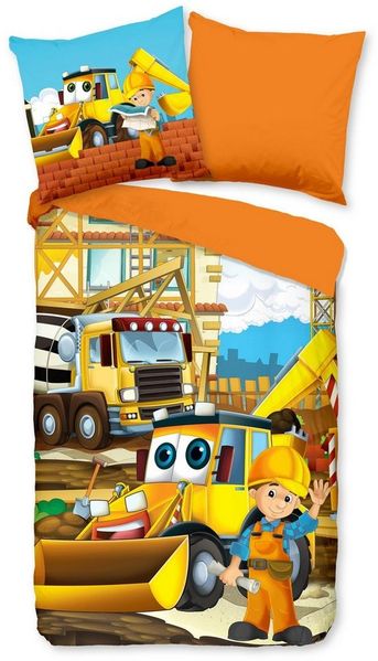 JACK Bettwäsche 135x200 cm, Baustellen-Abenteuer, Renforcé, 2 teilig, Baustellen -Abenteuer orange
