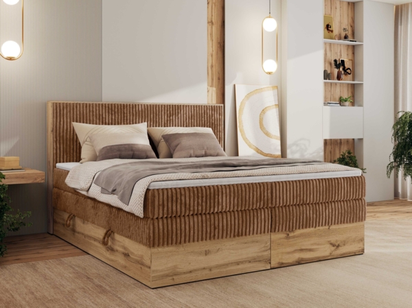 Boxspringbett, Set mit zwei Multipocket-Matratze und Topper, hohe Kopfteil, Eiche Wotan Holzrahmen - WOOD CLASSIC KING - 140 x 200 cm - Orange Cord - H3