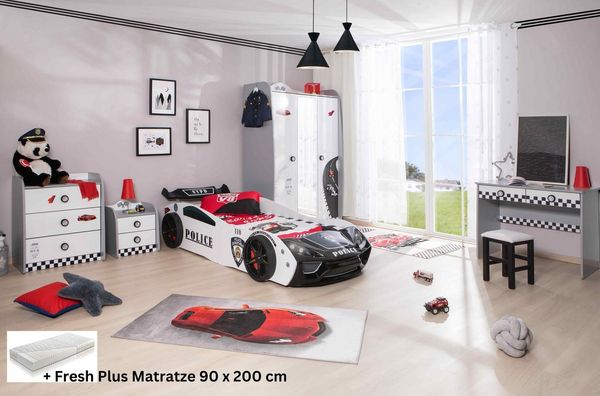 Kinderzimmer Set mit Police Autobett 5 teilig Weiß inkl. Matratze