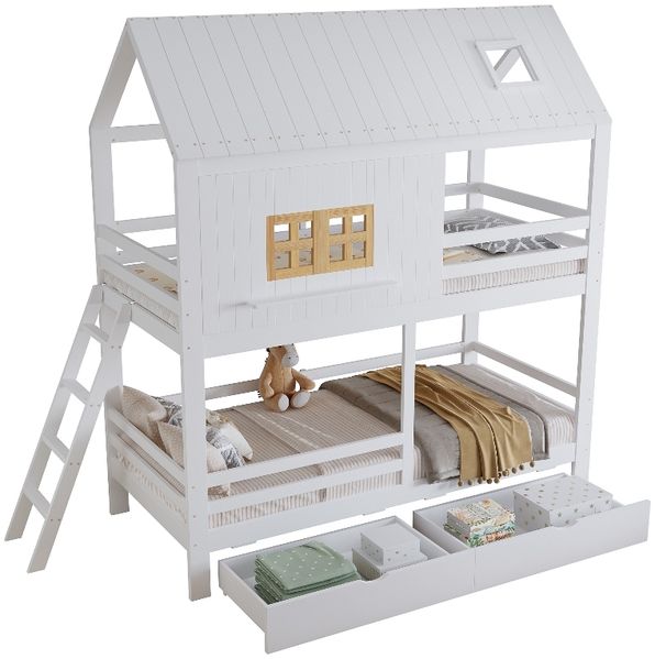 Novelux Etagenbett 90x200 cm mit 2 Schubladen und Leiter – Hausbett Kinderbett aus Kiefer, MDF & Sperrholz in Weiß/Natur mit Dach und Fenstern