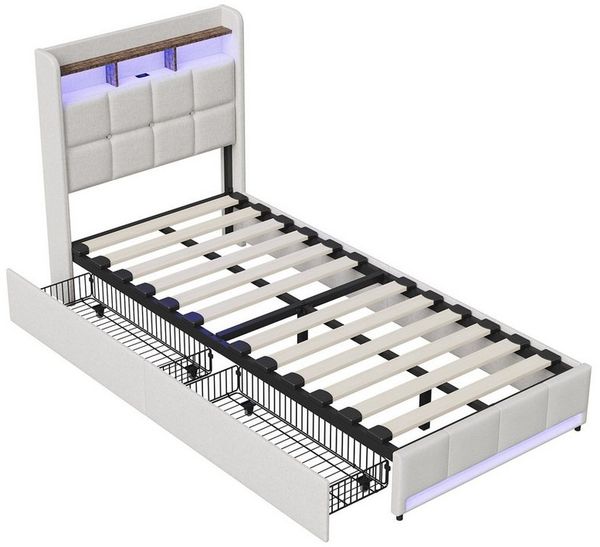 Furnishings Home Polsterbett LED Doppelbett 140x200cm, Stauraumbett mit Kopfteil und 4 Schubladen (Leinenmaterial Polsterbett mit RGB Beleuchtung), mit Lattenrost und Ladefunktion, mit Komforthöhe, Leises Design Bett