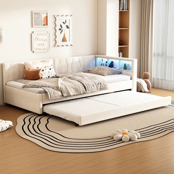 Daybett aus Leinen mit Ausziehbett, USB-Anschluss, LED & Ablagefächern, 90x200 cm, Beige, ohne Matratze