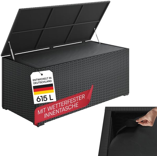 STEELSØN 'Serion' XXL Polyrattan Aufbewahrungsbox 615 Liter, schwarz, 155x73x61 cm, wetterfest, Auflagenbox mit Innentasche