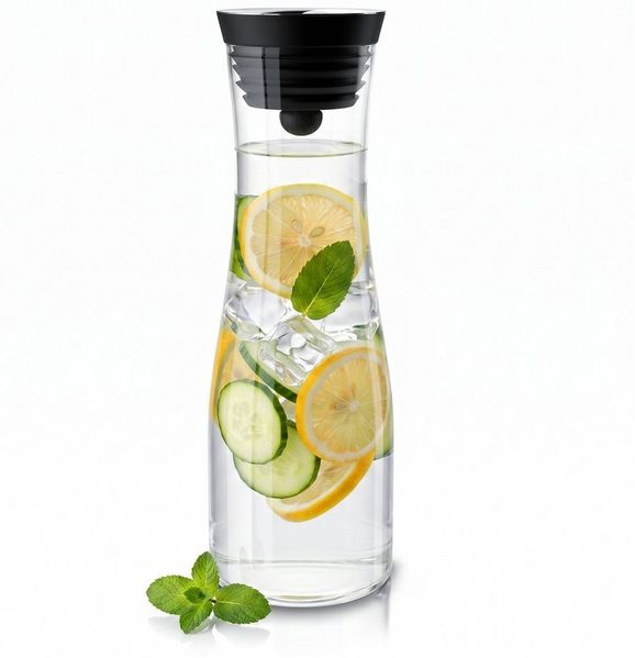 Arendo Karaffe Glaskaraffe 1200 ml mit Deckel, Wasserkaraffe mit Edelstahl Grobfilter, Borosilikatglas, 1,2 L, Sieb, hitze- und kältebeständig, BPA-frei