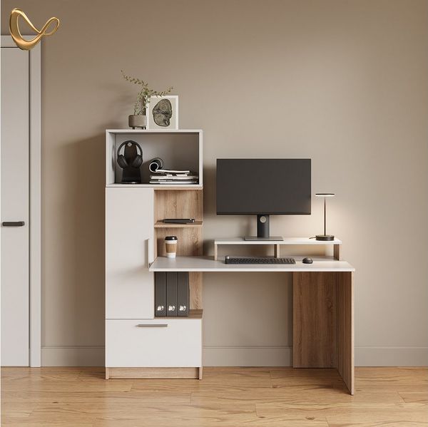 Livinity® Schreibtisch Lorena, Sonoma/Weiß, 150 x 120.1 cm mit 2 Türen (1-St)