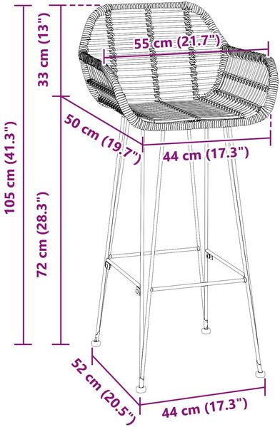 vidaXL Barstuhl 2 pcs 55 x 52 x 105 cm Rattan und Eisen 42011553 Bild 11