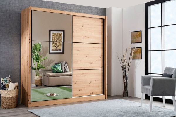 INOSIGN Schwebetürenschrank Navara Kleiderschrank mit Spiegel Wäscheschrank Garderobe mit großzügiger Innenausstattung, FSC®-zertifiziert, in 3 Breiten