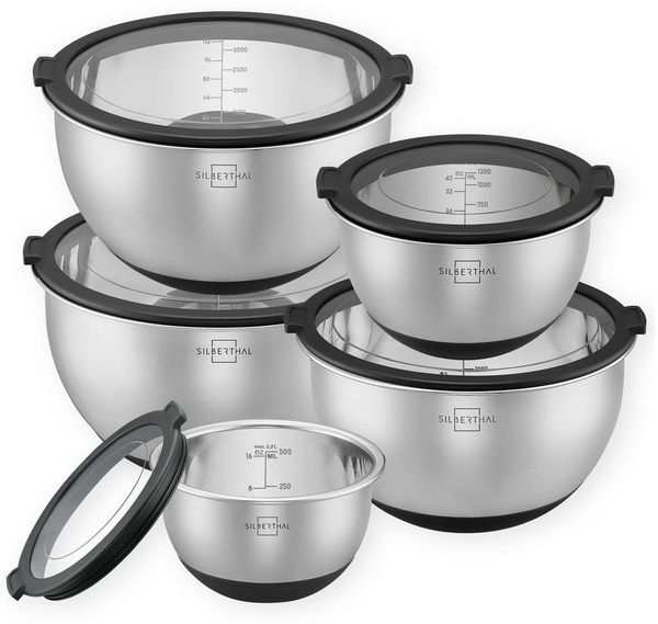 SILBERTHAL Rührschüssel Salatschüssel 5er Set, Edelstahl, (5-tlg), Rutschfest dank Silikonboden, mit integrierter Skala