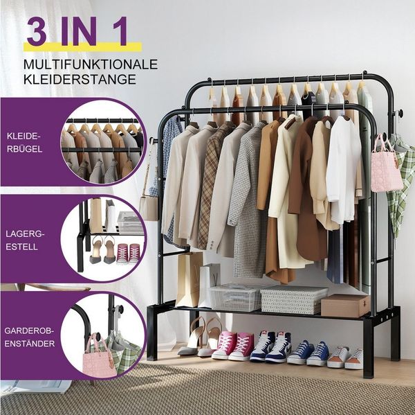loefme Kleiderständer 3-in-1 Garderobenständer, Metall Kleiderstange offen, Einfache Montage Multifunktionaler Kleiderständer, Schwarz