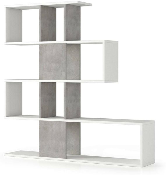 Dmora Bücherregal Allison, doppelseitige Bibliothek mit 5 Regalen, Zickzack-Regal für Bücher, Wandschrank mit Regalen, 100 % Made in Italy, 145 x 29 x 145 cm, Weiß und Zement