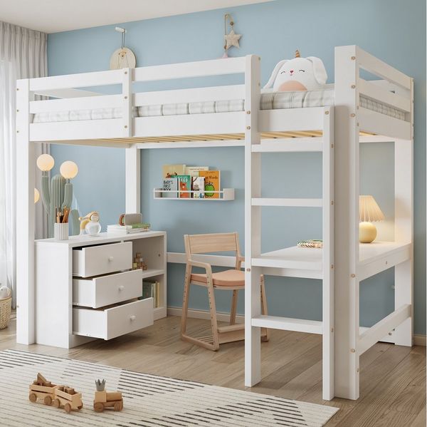 Flieks Hochbett Kinderbett 90x200cm mit Schreibtisch Schrank und vierstufiger Leiter