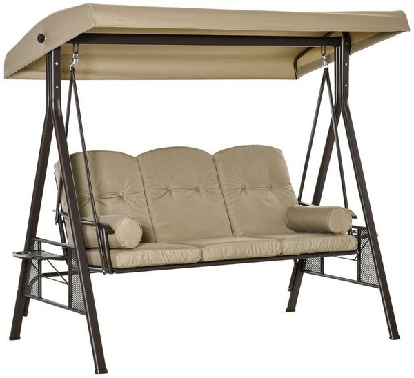 Outsunny Hollywoodschaukel mit Sonnendach, Kissen, 3-Sitzer, Relaxfunktionen, Gartenschaukel, 1 tlg, Schaukel, für Garten, Balkon, Khaki
