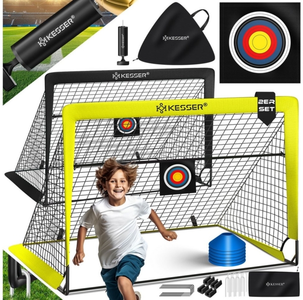 KESSER Pop-Up Fußballtor, 2er Set, mit Transporttasche, 6x Hütchen, Ballpumpe & Zielscheibe, Glasfaserstangen, 120x90 cm, Gelb / Schwarz