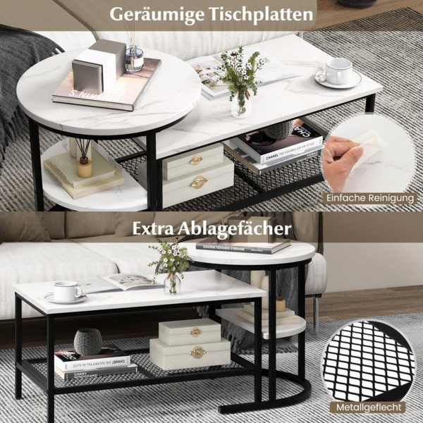COSTWAY Couchtisch, 2er Set, Marmor, Beistelltisch mit Stauraum, Gold, Metall Bild 2
