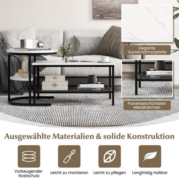 COSTWAY Couchtisch, 2er Set, Marmor, Beistelltisch mit Stauraum, Gold, Metall Bild 4