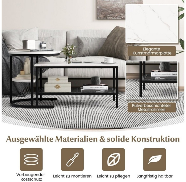 COSTWAY Couchtisch, 2er Set, Marmor, Beistelltisch mit Stauraum, Gold, Metall Bild 3