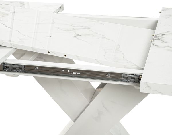 Rechteckiger Esstisch mit teleskopierbarer Tischplatte, MDF & Metall, X-förmige Beine, bis 220 lbs Belastbarkeit Bild 8