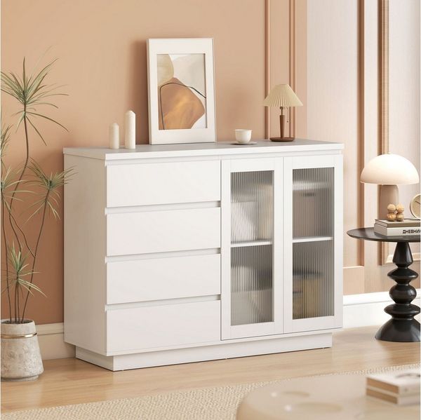 HOMCOM Sideboard Beistellschrank mit 4 Schubladen, 2 Türen (Aufbewahrungsschrank, 1 St, Küchenschrank), mit verstellbarem Einlegeboden, Weiß