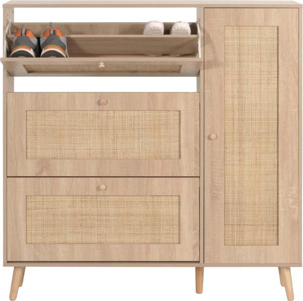 Rattan-Schuhkipper HWC-M37, Schuhregal Schuhschrank, 3 Kippfächer 2 Regalböden 127x120x24cm Holz Melamin ~ Eiche-Optik