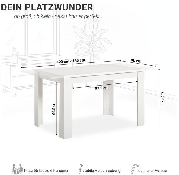 Esstisch ausziehbar 120x80 cm Wohnzimmertisch Holz Weiß Küchentisch Esszimmertisch Holztisch Tisch Bild 3