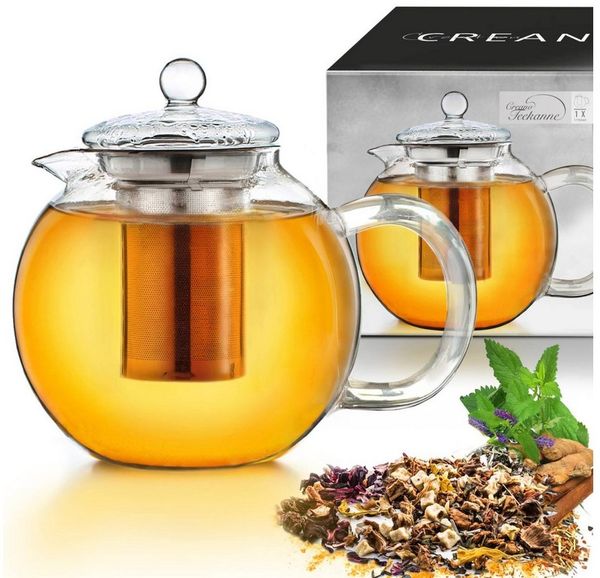 Creano Teekanne Creano Teekanne aus Glas 1,7l, 3-teilige Glasteekanne mit integriertem, (1er-Set, 2-St), tropffrei