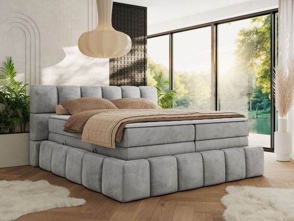Boxspringbett NIRA KING, Doppelbett mit Fußteil, 7-Zonen Multipocket-Matratzen und Topper, Schlafzimmerbett - 160 x 200 cm - Hellgrau Velvet - H3